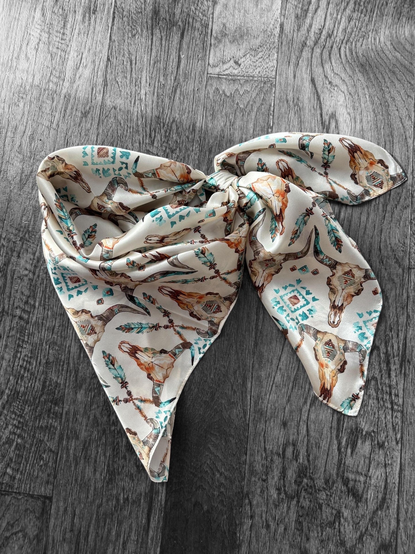 100% Silk Wild Rag Cow Skull and Turquoise by Double B Wild Rags Cowboy Western Scarf