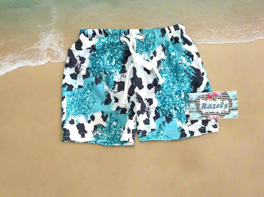 Boys Turquoise Cow Print Swim Trunks: Western Cowhide Shorts