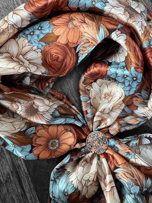 100% Silk Wild Rag Blue, Rust, Ivory, Brown floral by Double B Wild Rags