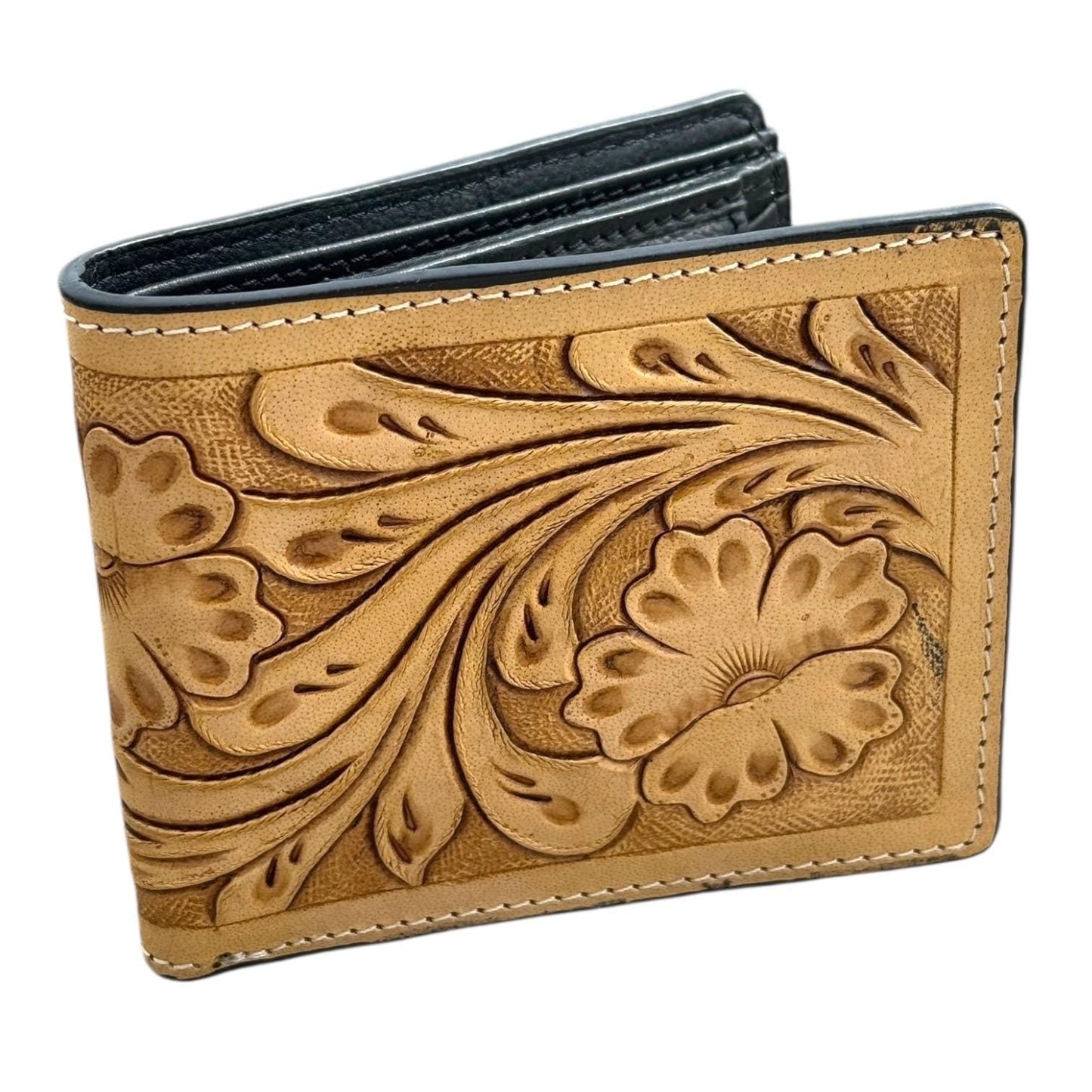 Men’s Western bi-fold wallet tooled floral Cow Skull Aces Cards details by Double B Wild Rags
