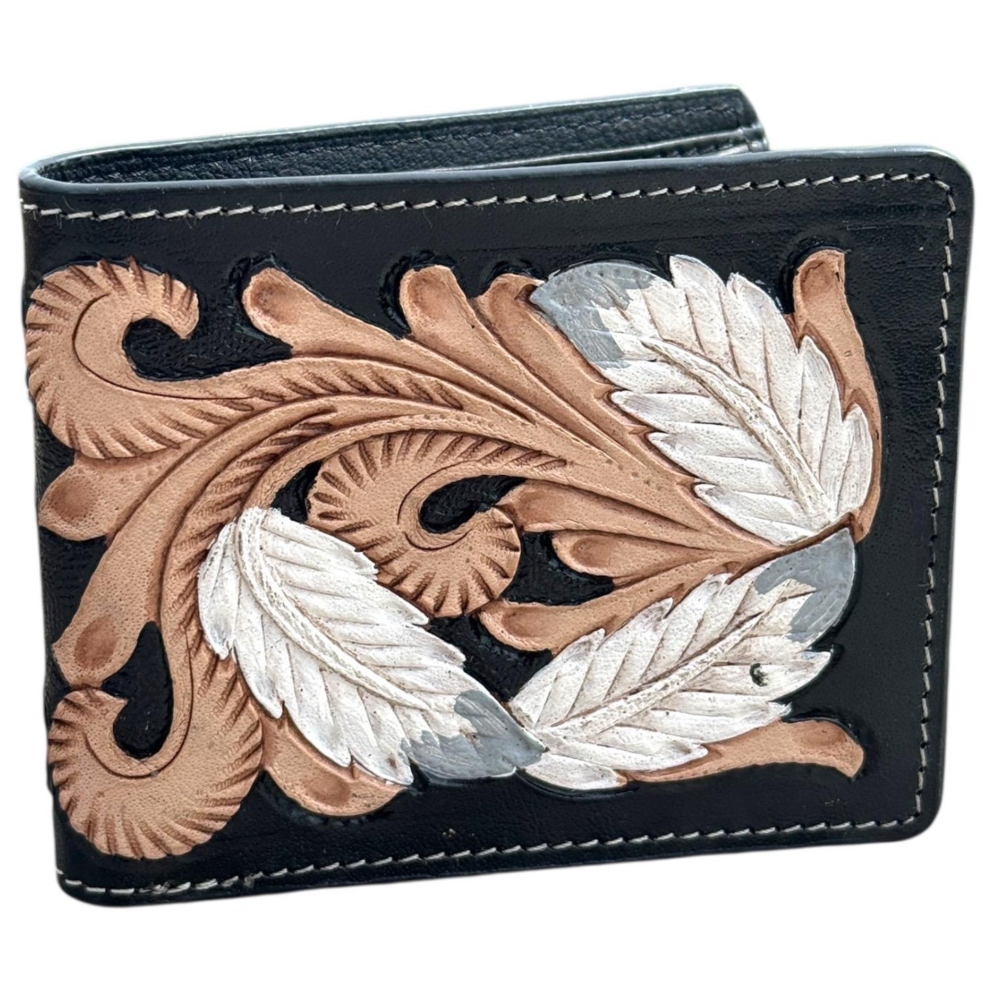 Men’s Western bi-fold wallet tooled floral Cow Skull Aces Cards details by Double B Wild Rags