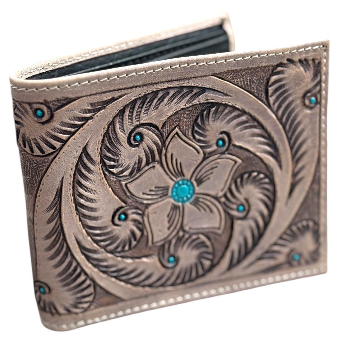 Men’s Western bi-fold wallet tooled floral Cow Skull Aces Cards details by Double B Wild Rags