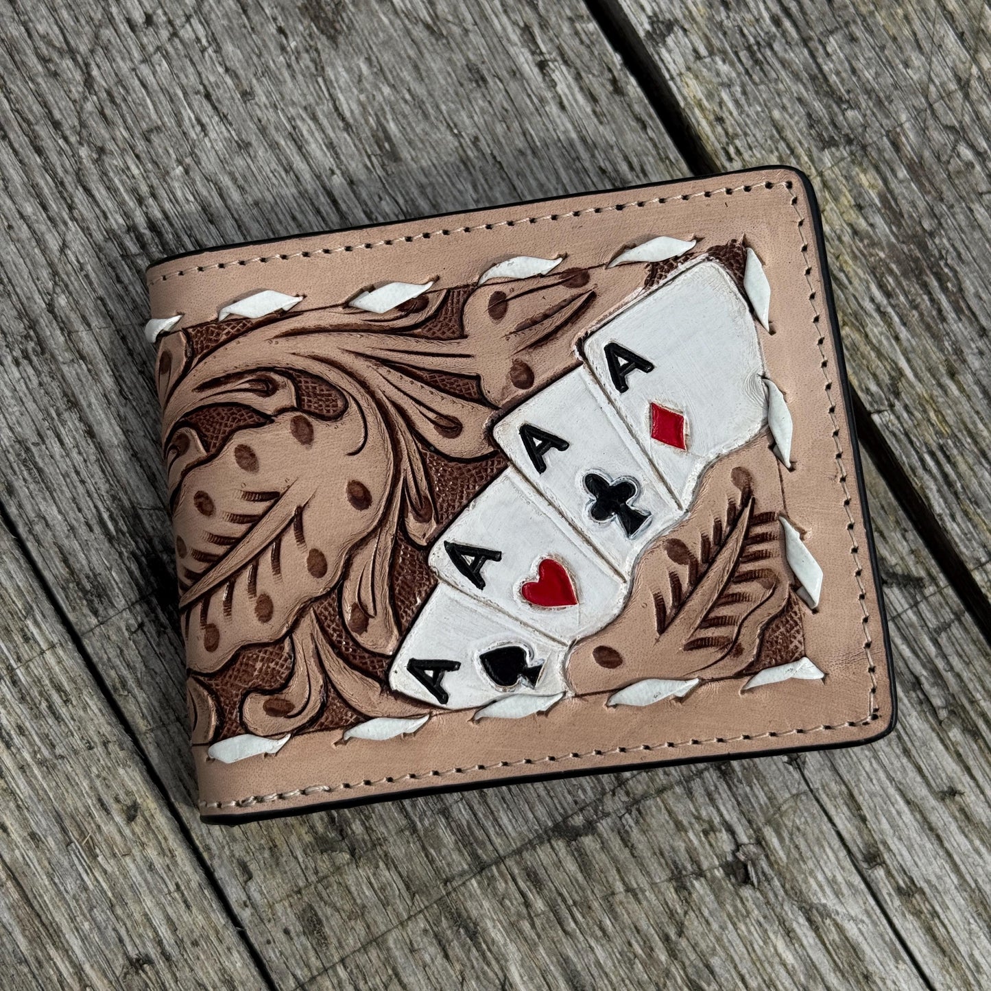 Men’s Western bi-fold wallet tooled Aces Cards with buckstitch details by Double B Wild Rags