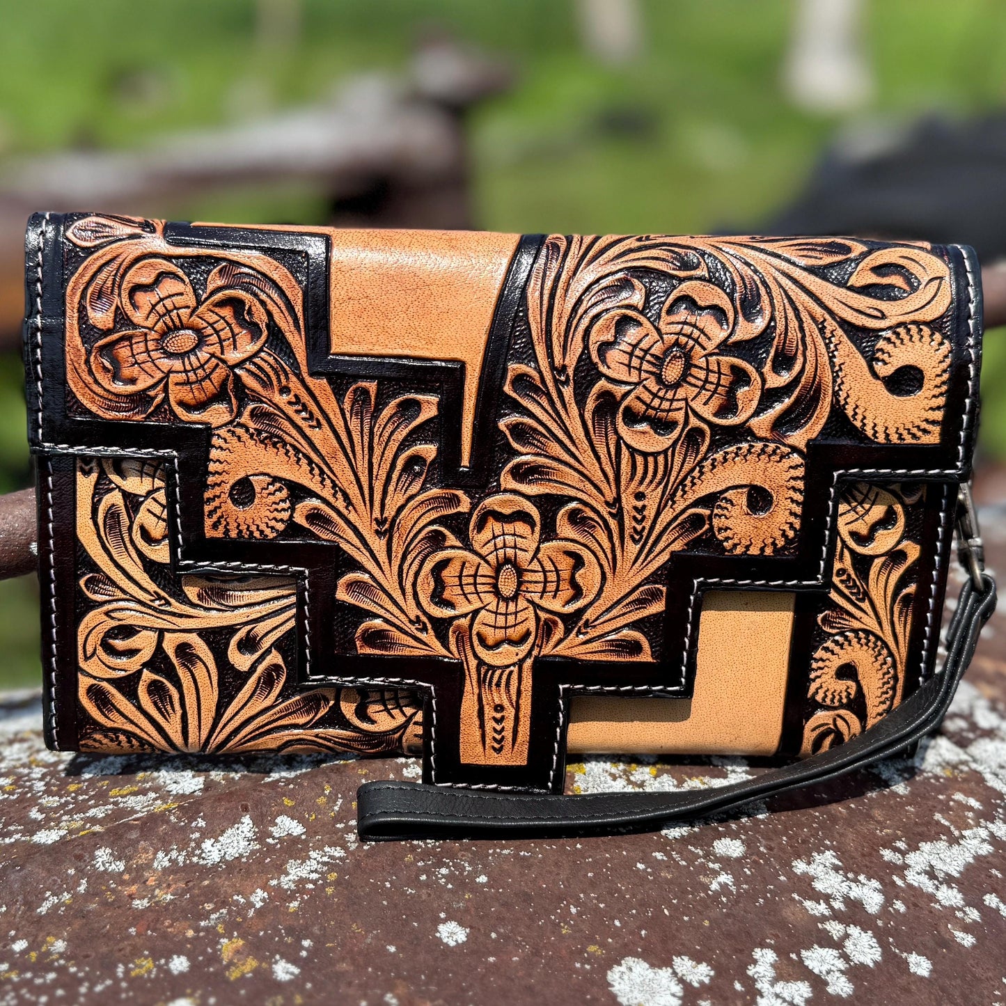 Genuine Western Cowhide Leather Purse or Clutch with smooth and tooled details a Double B Wild Rags Exclusive