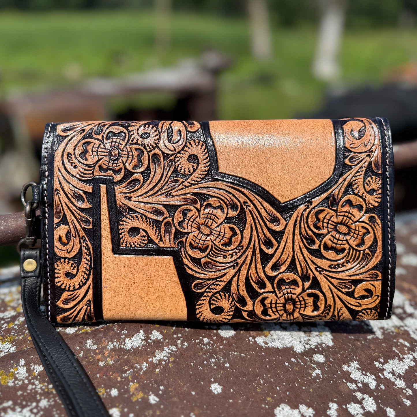 Genuine Western Cowhide Leather Purse or Clutch with smooth and tooled details a Double B Wild Rags Exclusive