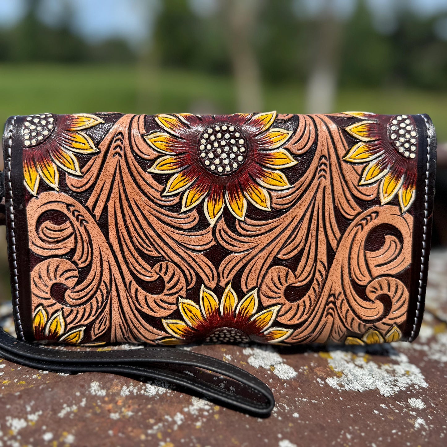 Genuine Western Cowhide Leather Purse and Clutch with Dark Sunflower painted details a Double B Wild Rags Exclusive