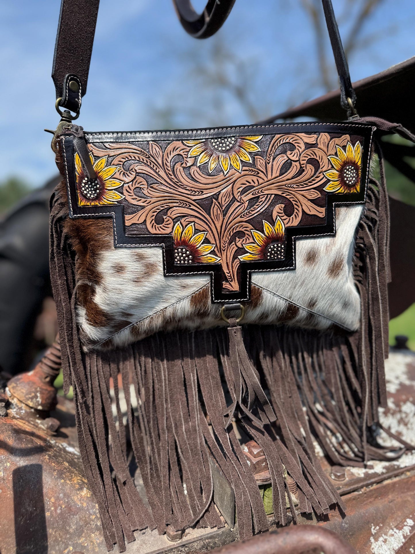 Genuine Western Cowhide Leather Purse and Clutch with Dark Sunflower painted details a Double B Wild Rags Exclusive