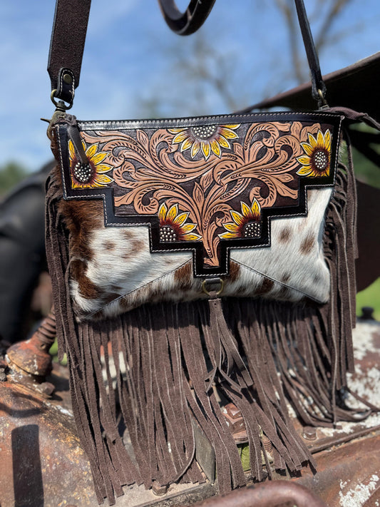 Genuine Western Cowhide Leather Purse and Clutch with Dark Sunflower painted details a Double B Wild Rags Exclusive