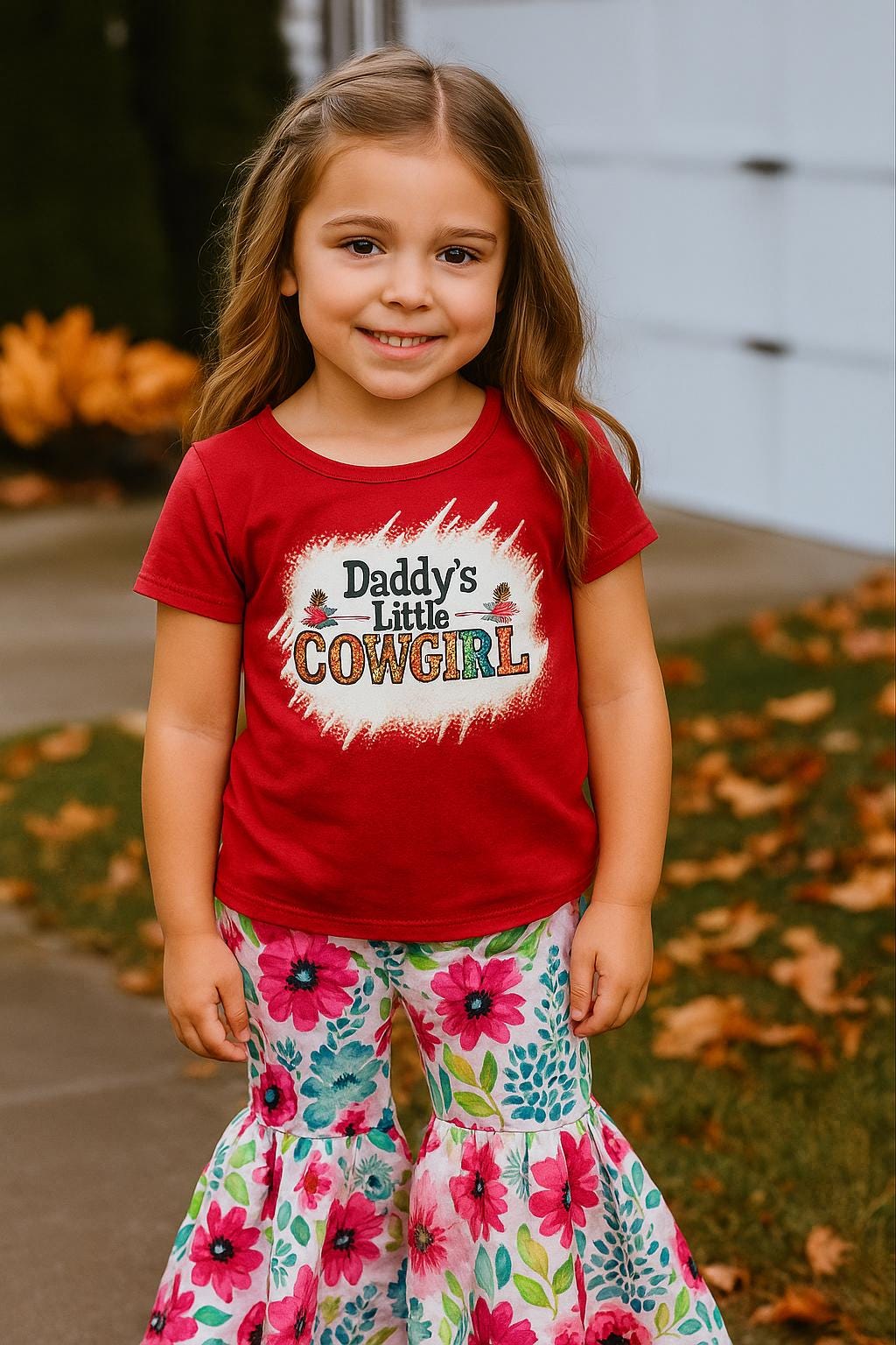 Daddy's Little Cowgirl Bell Bottom Outfit - Girls Western T-Shirt & Floral Bell Bottoms