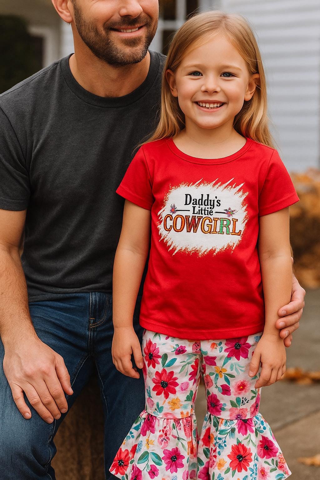 Daddy's Little Cowgirl Bell Bottom Outfit - Girls Western T-Shirt & Floral Bell Bottoms