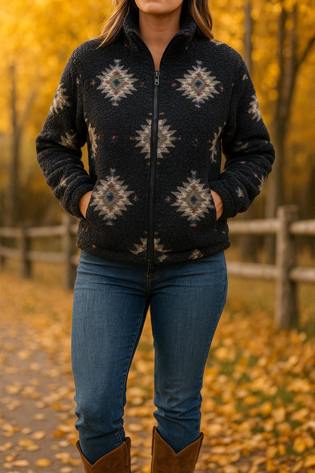 Black Aztec Sherpa Jacket – Western Bomber Zip-Up with Pockets | Cozy Women’s Western Jacket, Lined Fleece Coat
