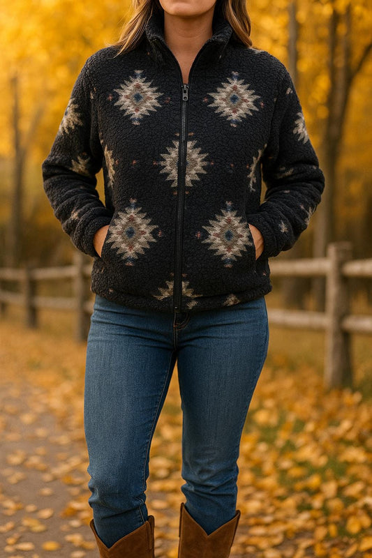 Black Aztec Sherpa Jacket – Western Bomber Zip-Up with Pockets | Cozy Women’s Western Jacket, Lined Fleece Coat