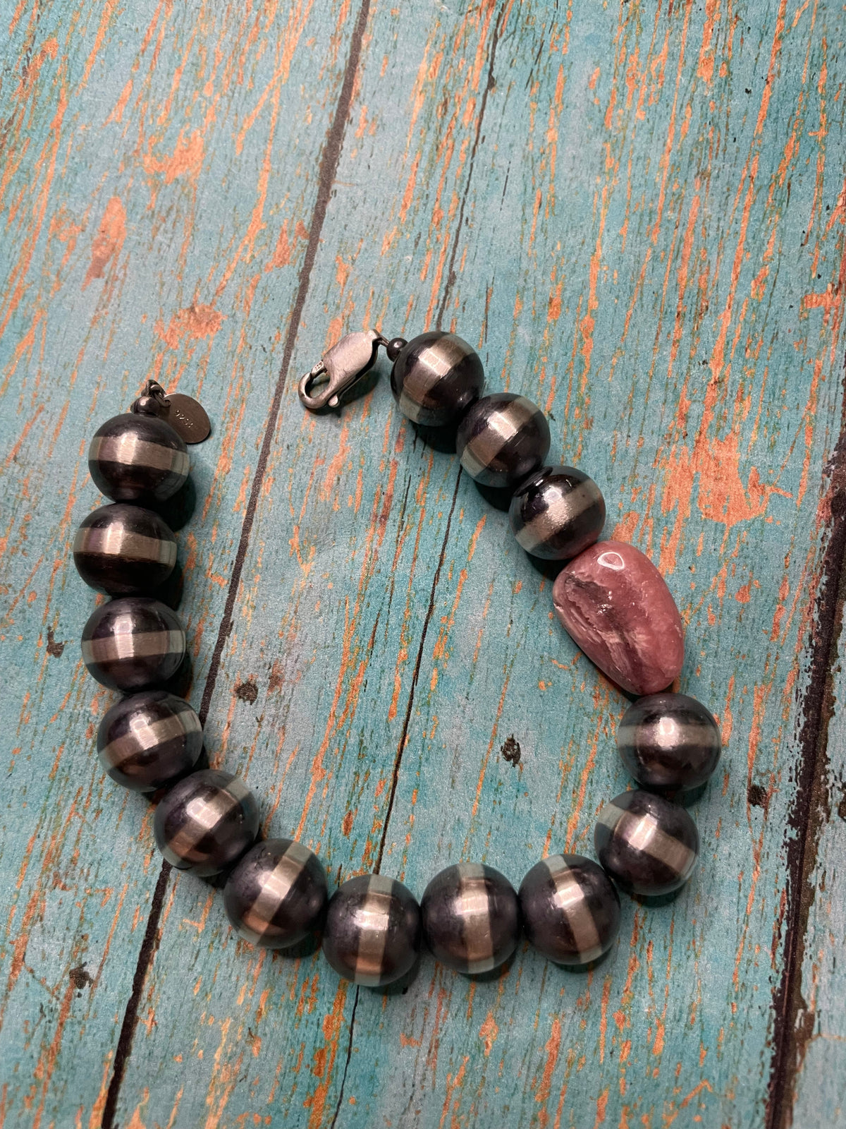 Handcrafted Sterling Silver And Rhodochrosite 12mm Beaded Bracelet