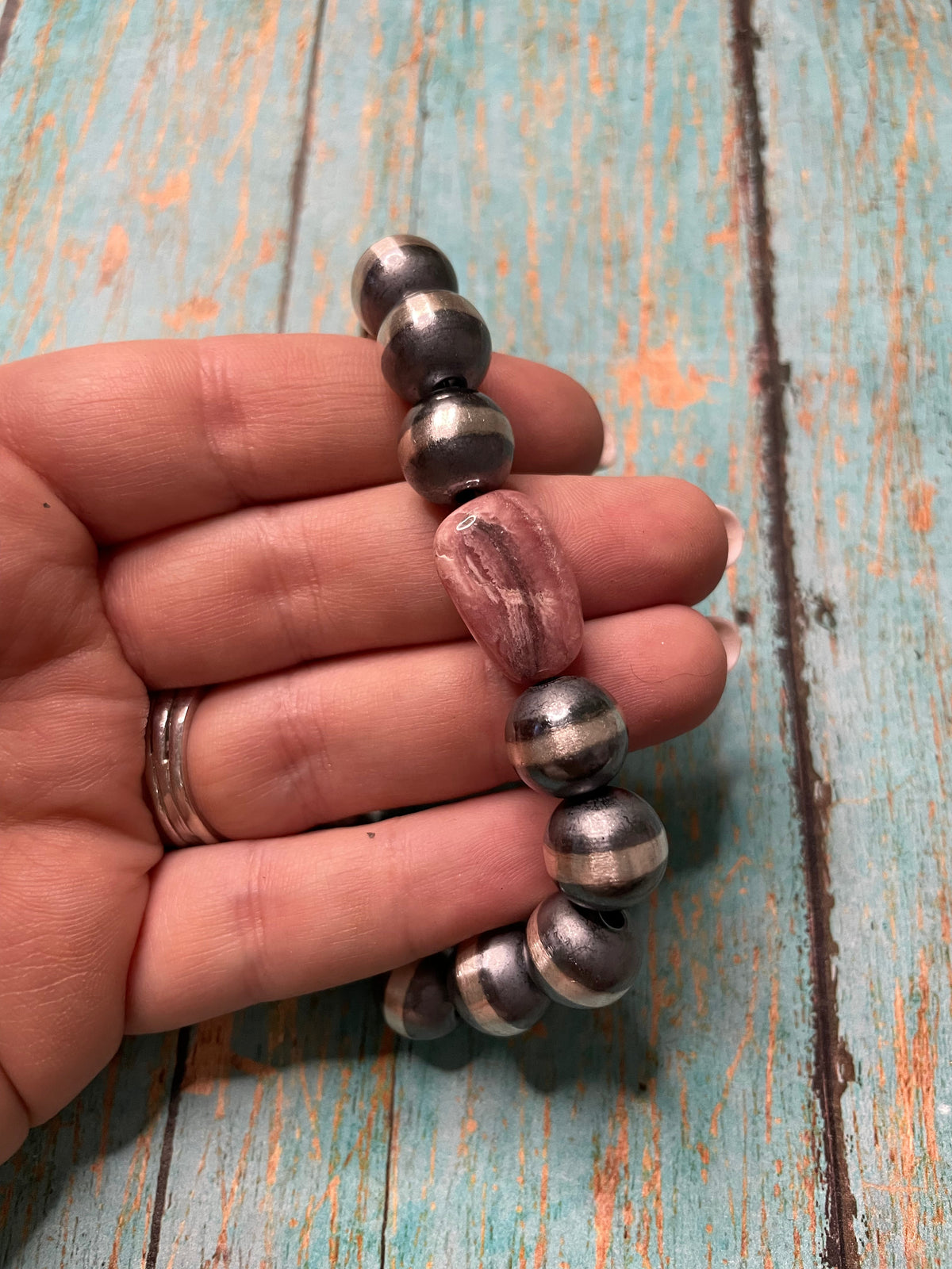 Handcrafted Sterling Silver And Rhodochrosite 12mm Beaded Bracelet