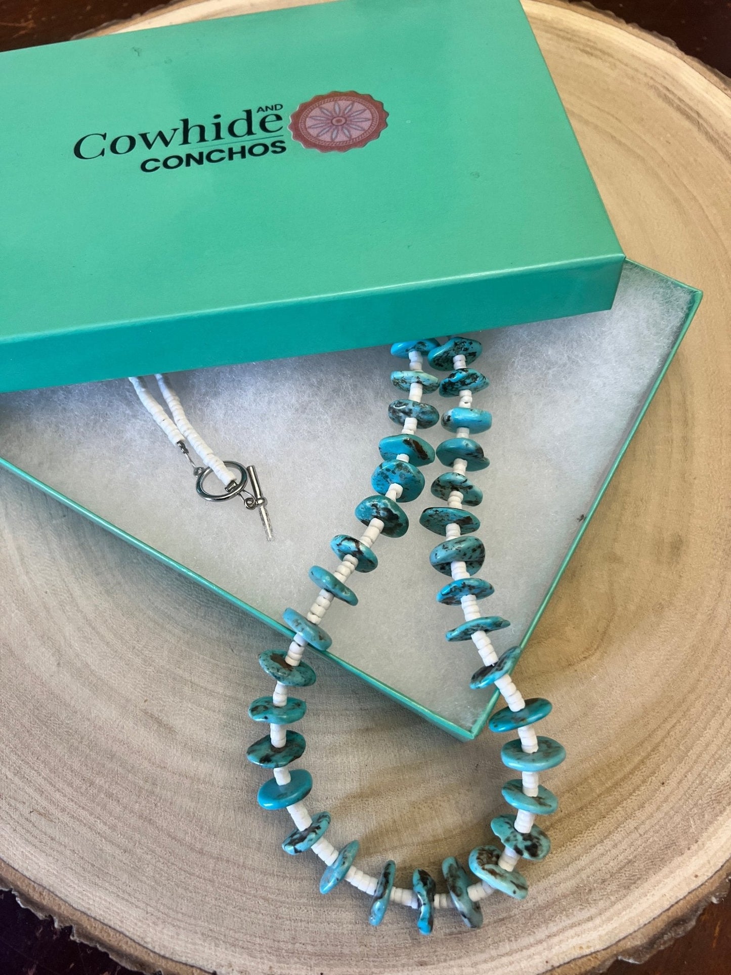 Long Blue Disk Turquoise Necklace - 26 inch