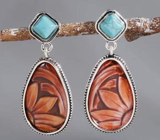 TURQUOISE TOOLED TEARDROP EARRINGS