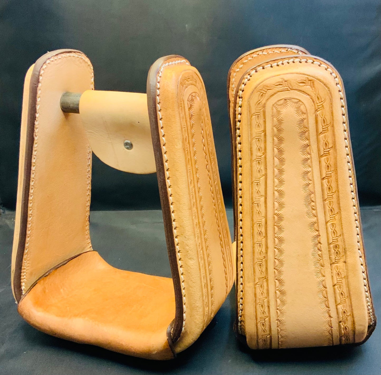 BARBWIRE TOOLED LEATHER WRAPPED STIRRUPS