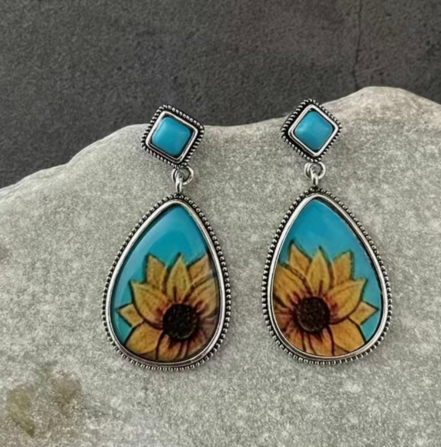 TURQUOISE SUNFLOWER TEARDROP EARRINGS