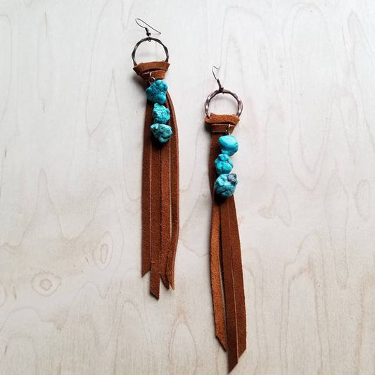 Suede Fringe Earrings with Turquoise Chunks