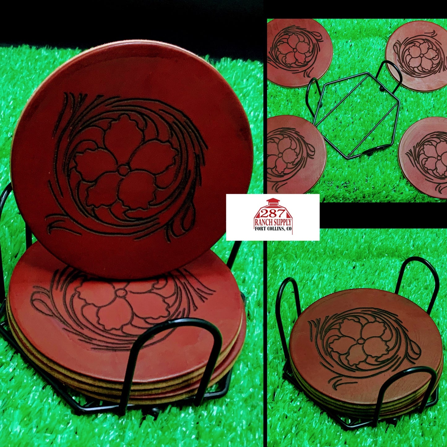 LEATHER FLORAL TOOL DESIGN COASTERS WITH STAND