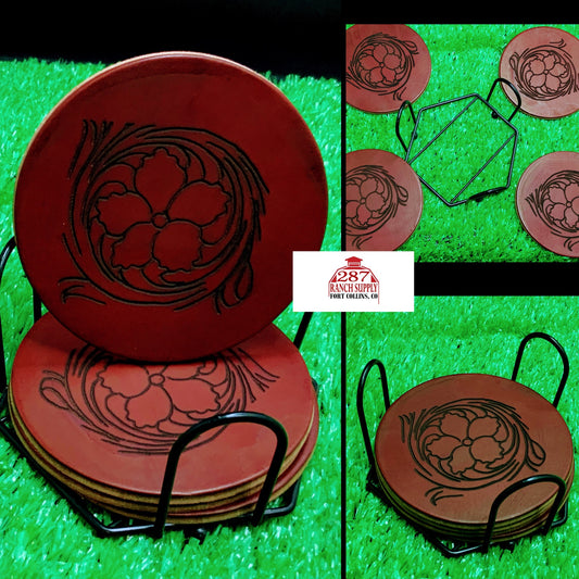 LEATHER FLORAL TOOL DESIGN COASTERS WITH STAND