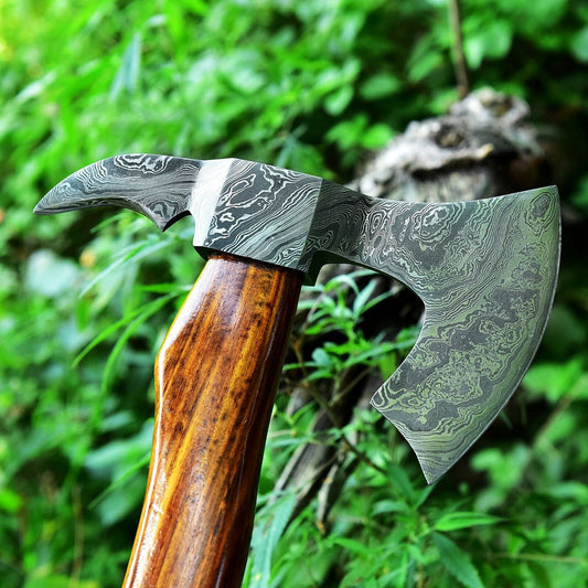 Tomahawk Axe with Custom Handmade Forged Damascus Steel Blade – "Rosewood Warrior"