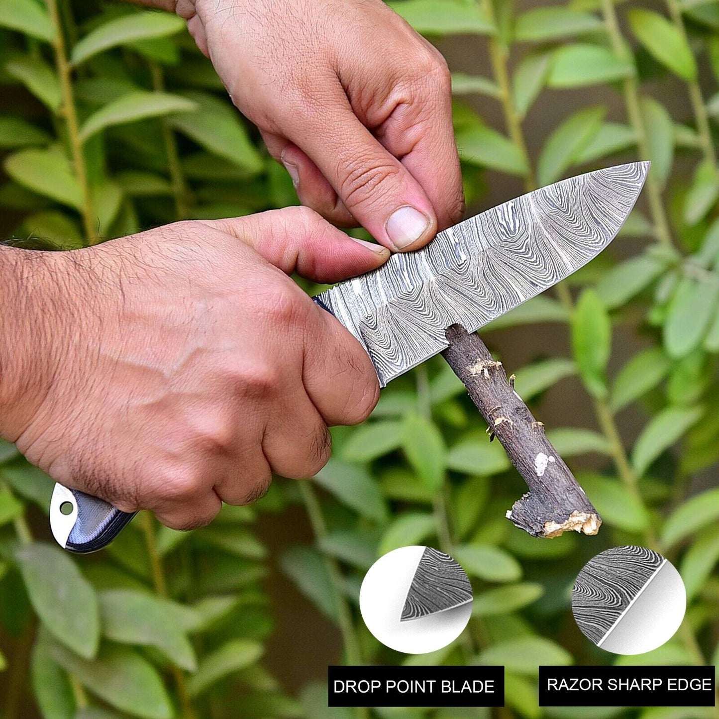 Wilderness Guardian: Hunting Knife with Twist Damascus Steel Blade, Micarta G10 Handle, and Leather Sheath