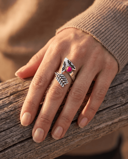 Western Arrow Head Cuff Ring with Faux Pink Stone — Adjustable Hand Statement