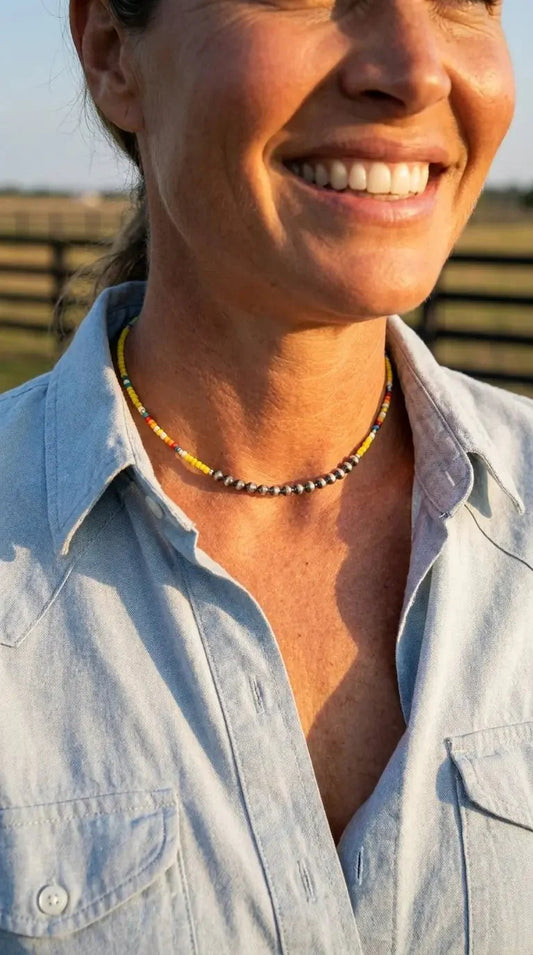 Western Seed Bead Choker with Faux Pearls — 13 Inch with Extender