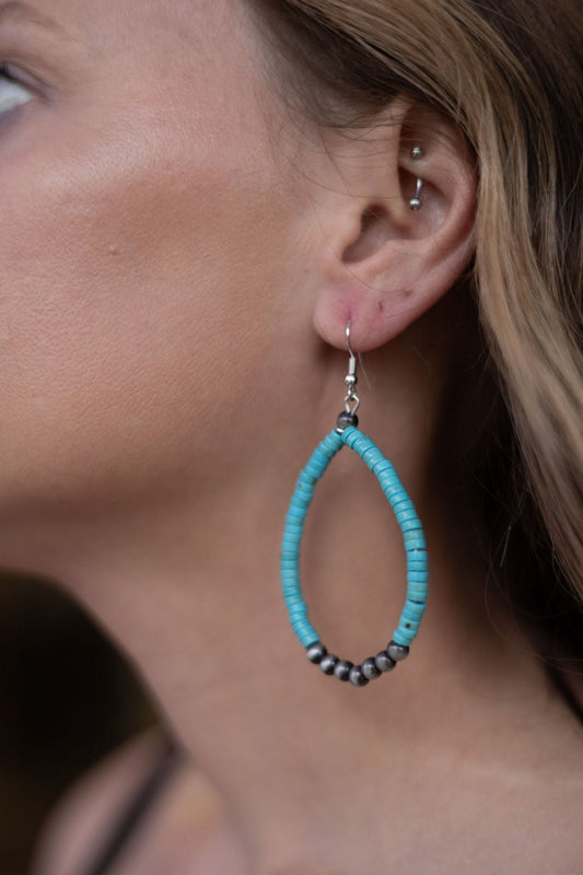 Western Teardrop Earrings with Faux Turquoise - 2 1/2 inch drop